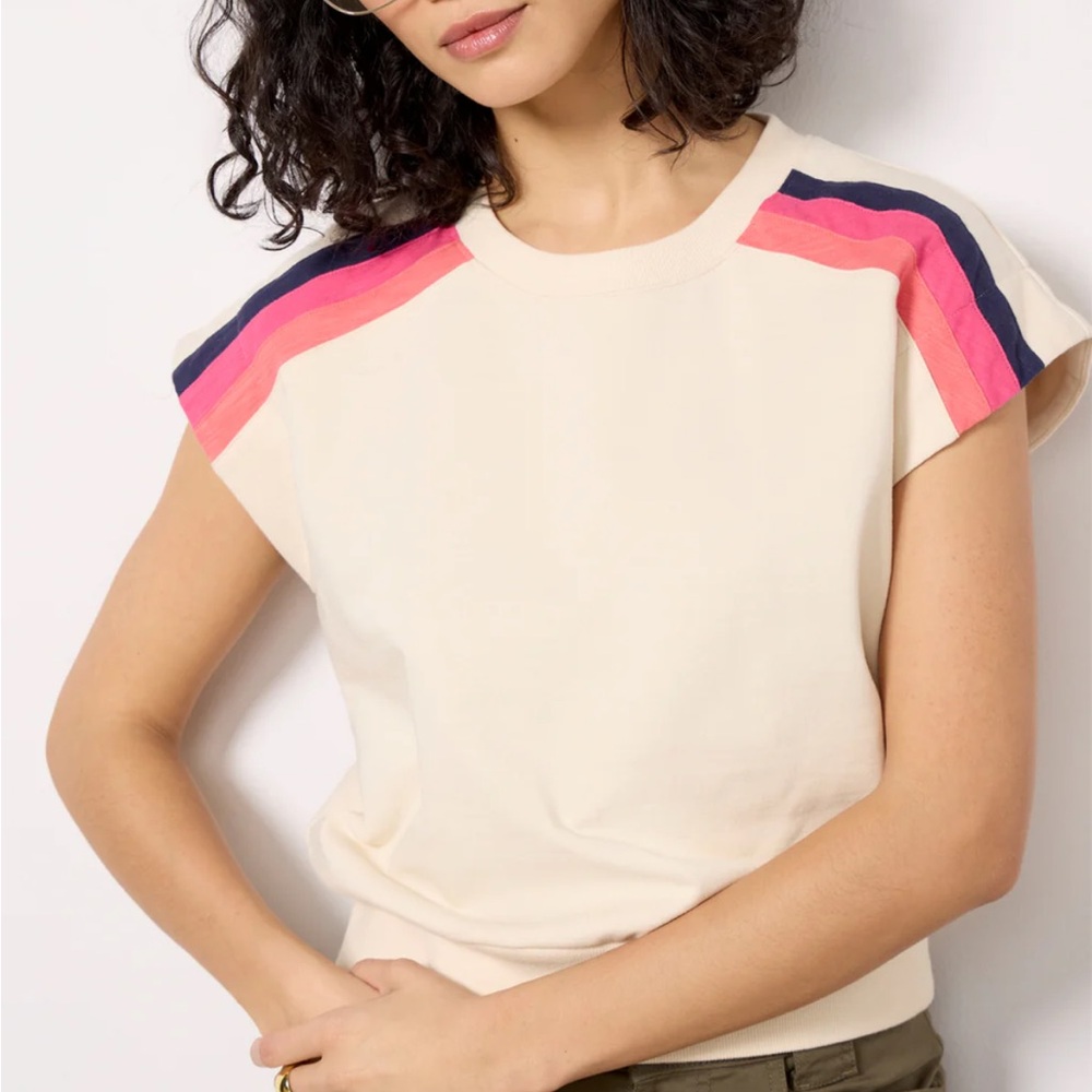 Evereve Cream Top with Pink and Navy Accents (Mira Stripe Sweatshirt Tank)